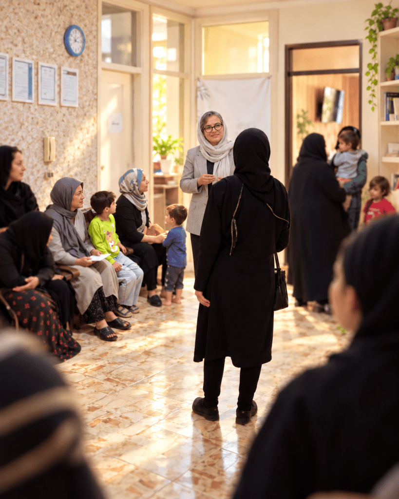 گفت‌وگوی حمایتی زنان و کودکان در فضای امن مؤسسه آفرید با نور گرم و تمرکز بر همراهی و شنیدن مسئله