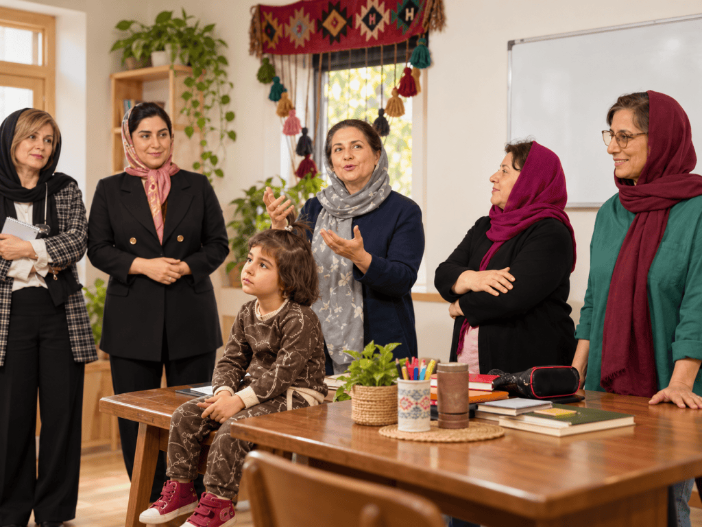 زنان در حال گفت‌وگو و یادگیری گروهی در کارگاه آموزشی و آگاهی‌بخشی