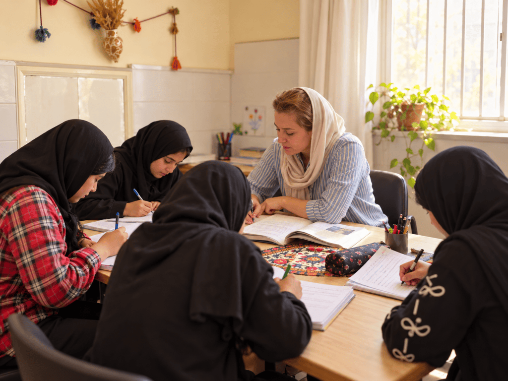 مربی در حال آموزش و همراهی با چند دختر نوجوان در یک فضای آموزشی صمیمی