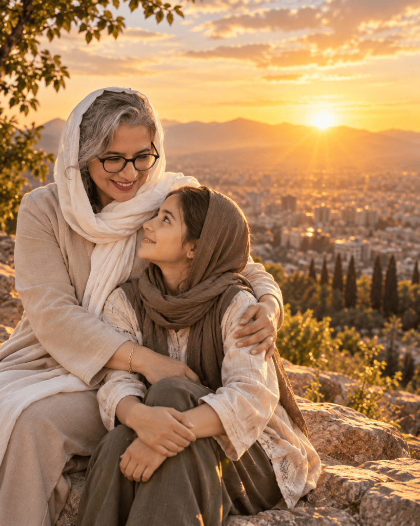 تصویری امیدبخش از همراهی یک زن و یک دختر در نور طلوع، نمادی از حمایت، توانمندسازی و آینده روشن