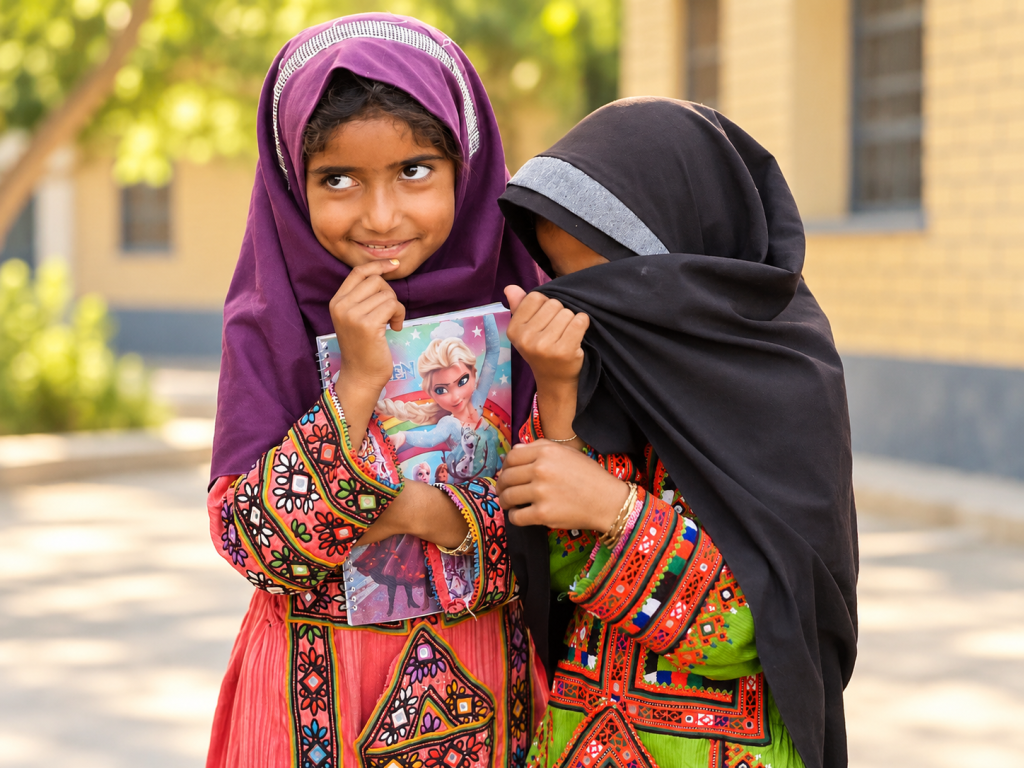 دو دختر کودک با پوشش محلی در کنار دفتر و کتاب، نمادی از امید به ادامه تحصیل