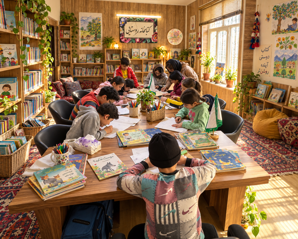 جمعی از کودکان در یک فضای آموزشی شبیه کتابخانه روستایی، دور میز مشغول نوشتن، مطالعه و فعالیت یادگیری هستند.