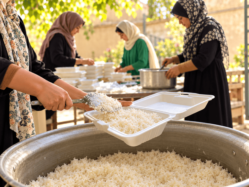 زنان در حال آماده‌سازی و بسته‌بندی غذای گرم در یک فعالیت گروهی و مشارکتی