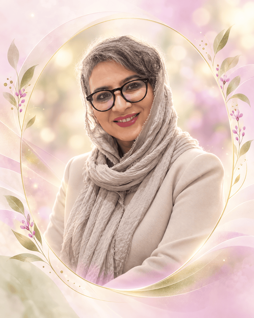 پرتره فاطیما باباخانی در قاب بیضی با حال‌وهوای روشن و الهام‌بخش، برای معرفی اعضای مؤسسه مهر شمس آفرید