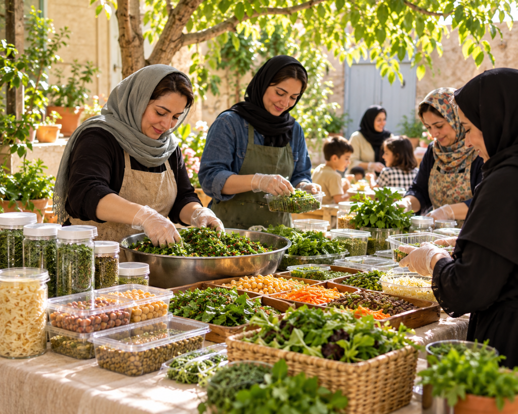 زنان در فضای باز و جمعی، در حال آماده‌سازی و بسته‌بندی مواد غذایی در قالب کارگاه کام مؤسسه مهر شمس آفرید