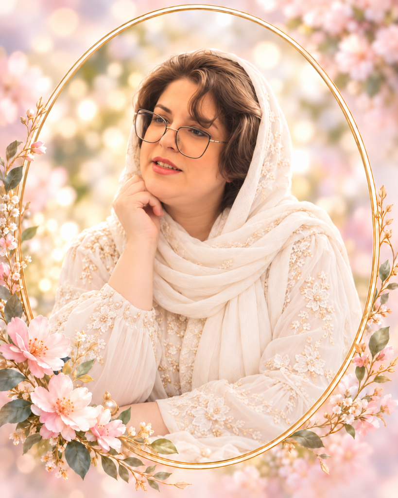 پرتره ندا حقیقی، تسهیل‌گر کودک در مؤسسه خیریه مهر شمس آفرید، با پوشش روشن در قاب گل‌آرایی صورتی و طلایی