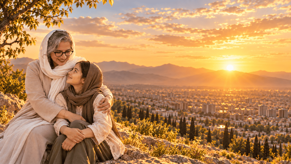 زن و دختری در آغوش هم، در چشم‌اندازی گرم و امیدبخش هنگام غروب، نمادی از همراهی، حمایت و ساختن آینده‌ای روشن
